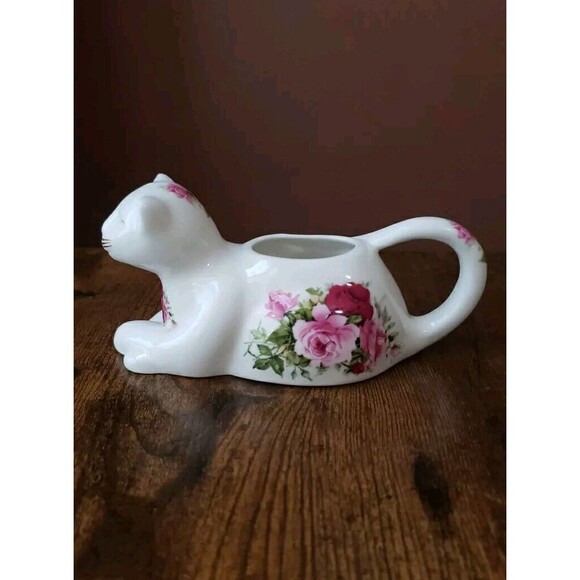 Golden Crown E & R Fine Bone China Cat Creamer White Floral Gold Trim - Picture 4 of 9